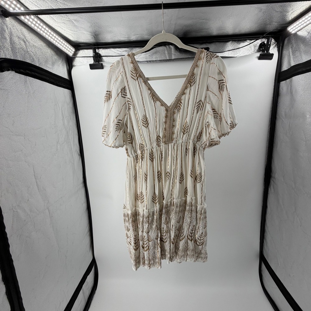 Ananta White‎ Gold Metallic Lurex Embroidered Boho Mini Dress S/M V-Neck Tassel - Picture 6 of 6